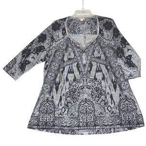 Emerge Sweater Top 1X Black Gray Embellished V Neck 3/4 Sleeve Tunic Boho Artsy